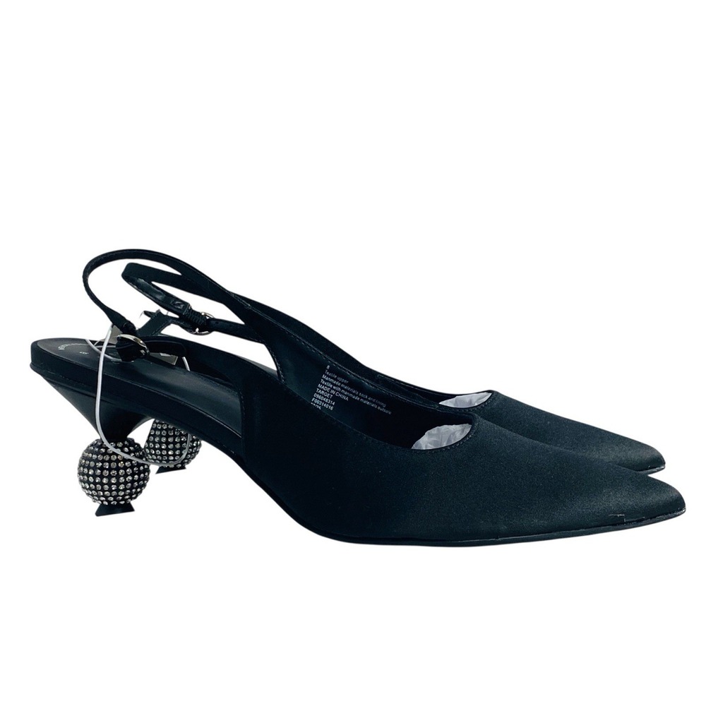 Womens A New Day Simone Rhinestone Ball Satin Black Pointed Sling Back Heels S8